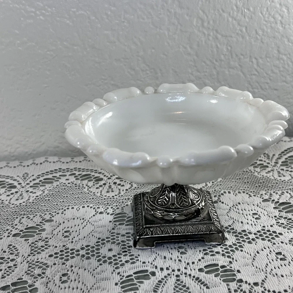 Vintage pedestal dish white glass metal footed soap trinket tray